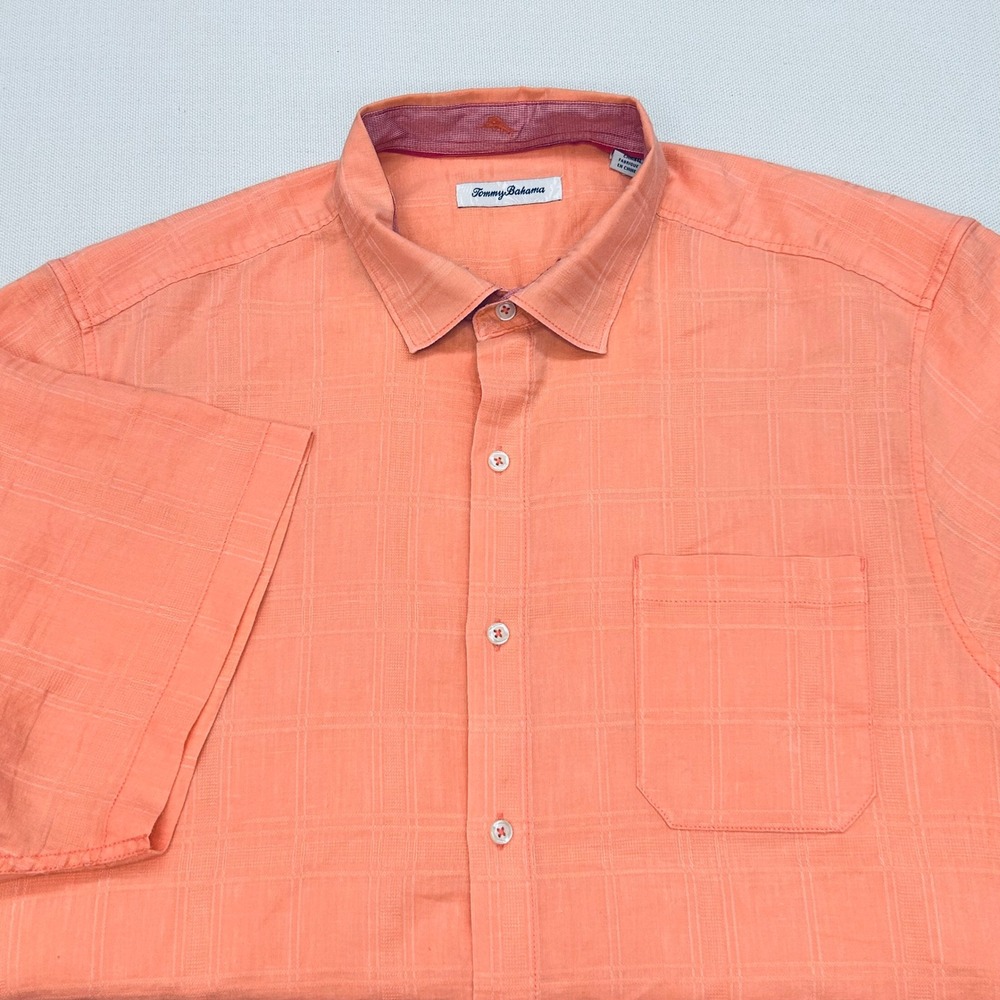 Tommy Bahama Linen Camp Shirt Mens XXL Coral Orange Coastal Resort Island Beach